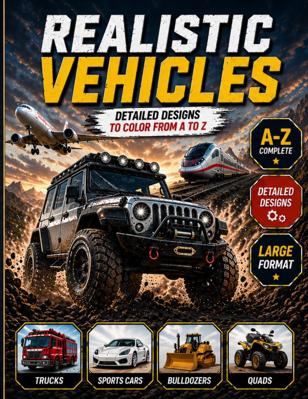 Copertina di Realistic Vehicles Coloring Book for Kids: Detailed Trucks, Cars, Trains, Planes and Powerful Machines to Color from A to Z